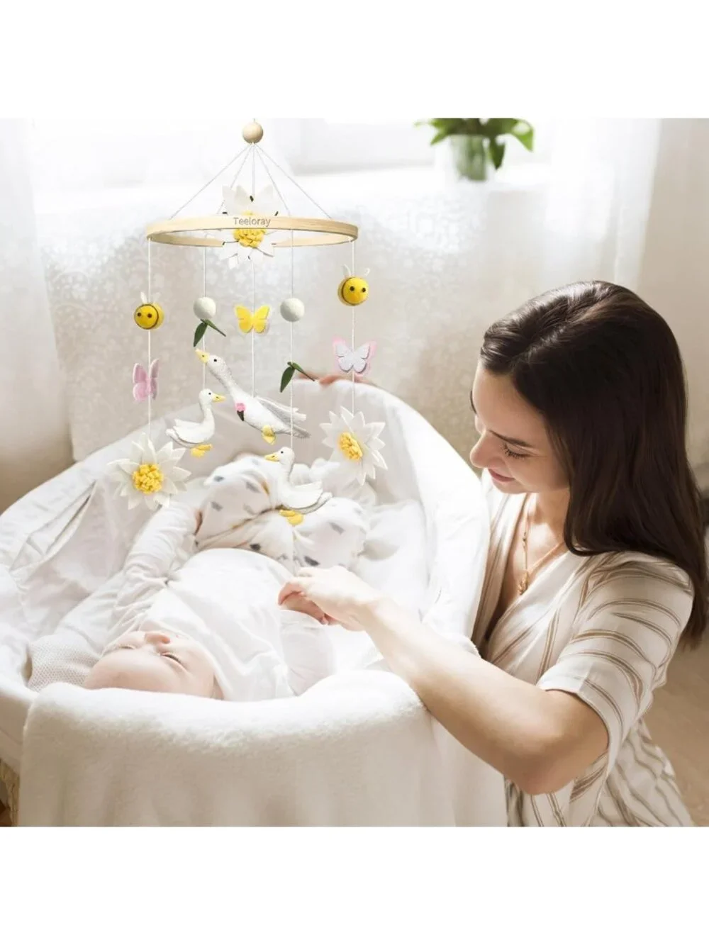 Handmade Baby Mobile for Crib - Felt Nursery Decor, Floral Butterflies & Bees
